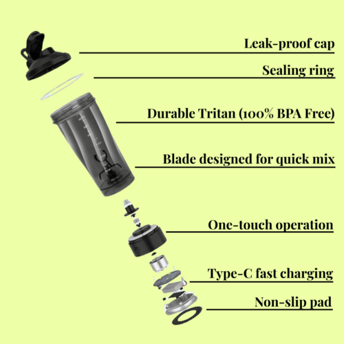 Rechargeable Electric Protein Shaker Bottle - Portable Mixer